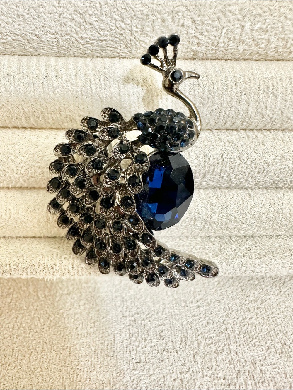 Deep Blue Crystal Peacock Brooch - Pewter-Tone